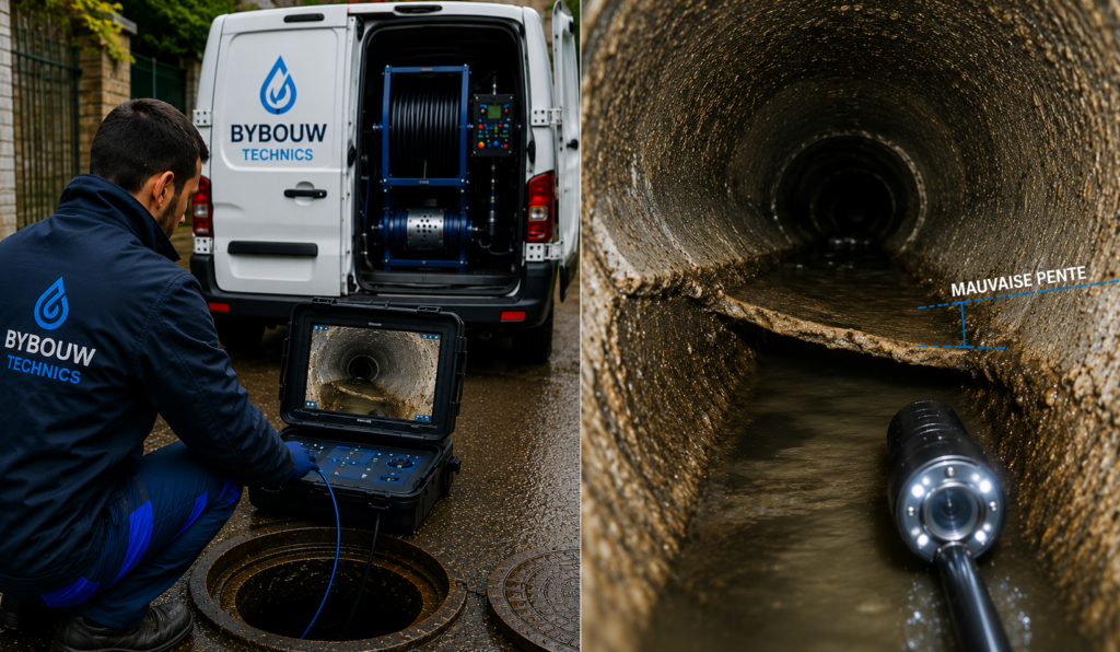 Technicien Bybouw Technics réalisant une inspection caméra révélant un défaut de pente dans une canalisation avec stagnation d’eau.