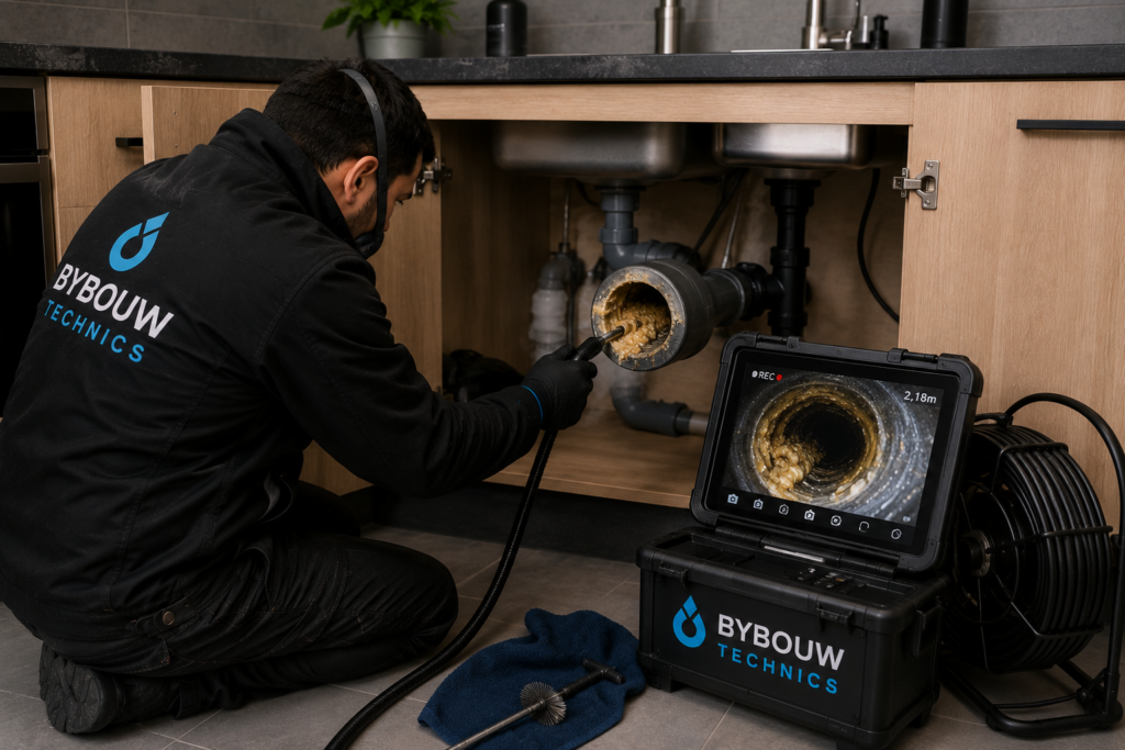 Technicien Bybouw Technics inspectant une canalisation encrassée sous un évier à l'aide d'une caméra afin d'identifier l'origine des mauvaises odeurs.