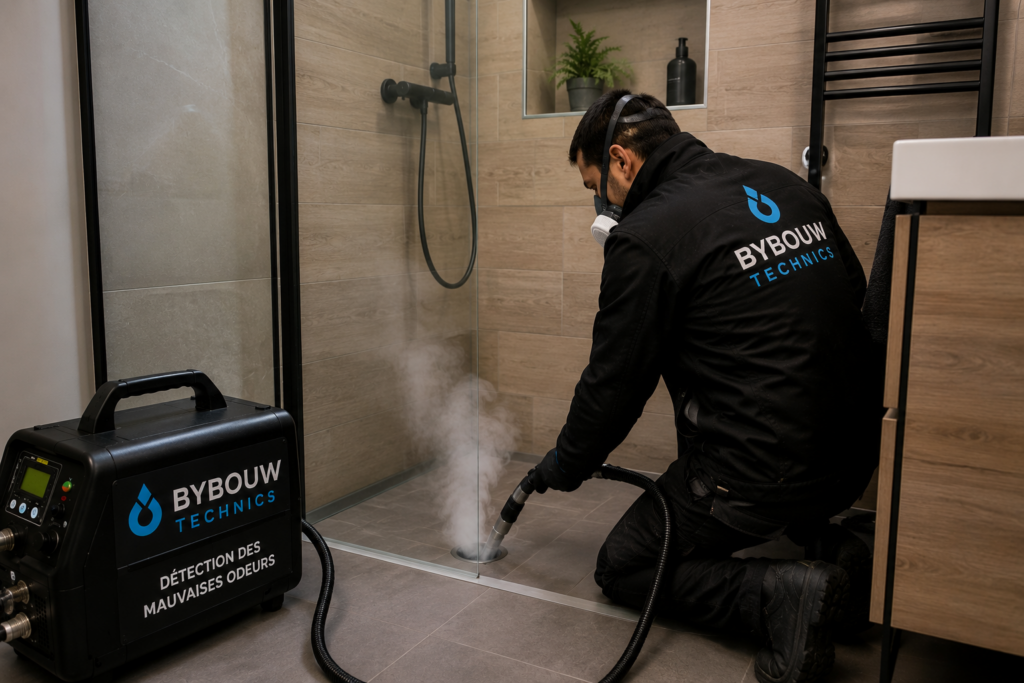 Technicien Bybouw Technics réalisant une fumigation dans une douche afin de localiser l'origine d'une mauvaise odeur de canalisation.