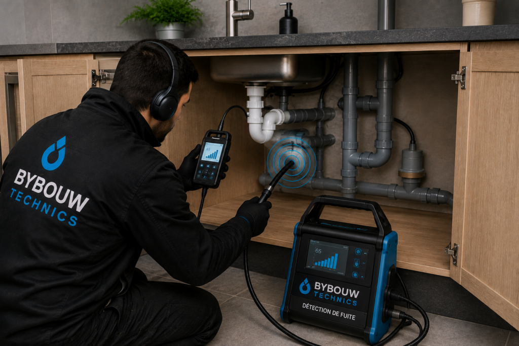 Technicien Bybouw Technics recherchant une fuite sur un réseau de canalisations sous un évier à l'aide d'un détecteur acoustique professionnel.