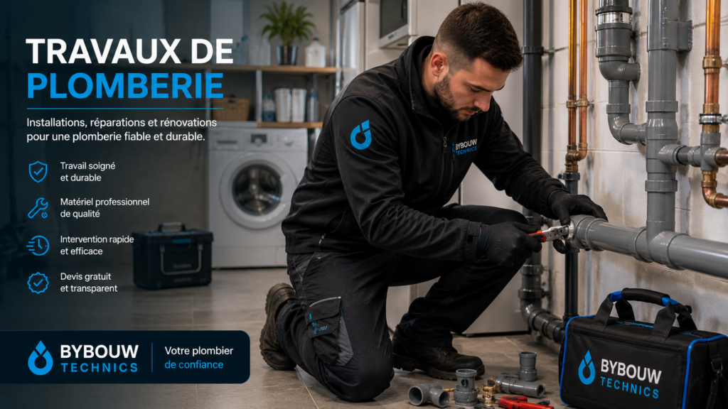 Technicien Bybouw Technics réalisant des travaux de plomberie sur une canalisation dans une buanderie moderne avec un outillage professionnel.