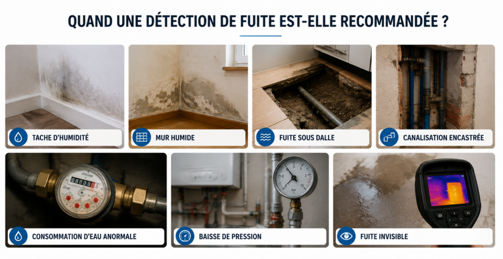 Illustration des principales situations nécessitant une détection de fuite : tache d'humidité, mur humide, fuite sous dalle, canalisation encastrée, consommation d'eau anormale, baisse de pression et fuite invisible.