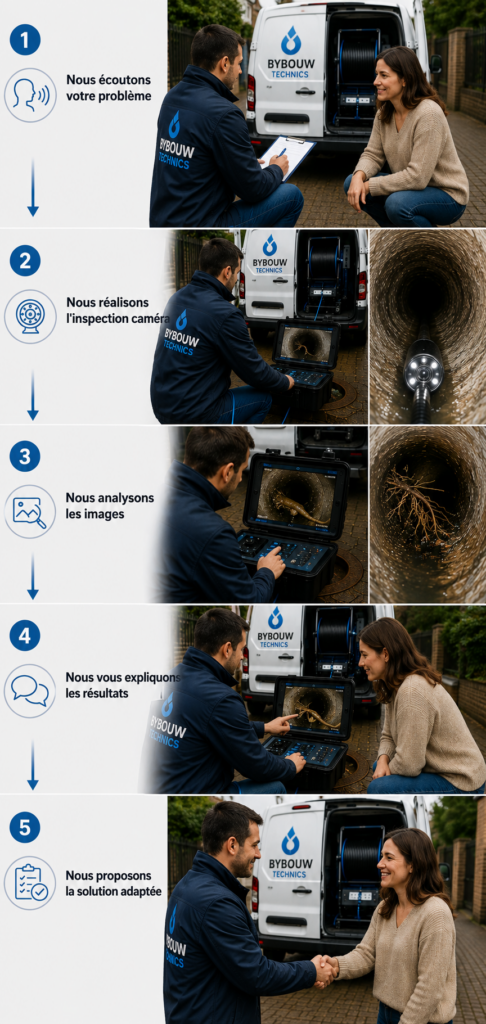 Infographie présentant les cinq étapes de l'inspection caméra Bybouw Technics : analyse du problème, inspection vidéo, diagnostic, explication des résultats et proposition d'une solution adaptée.