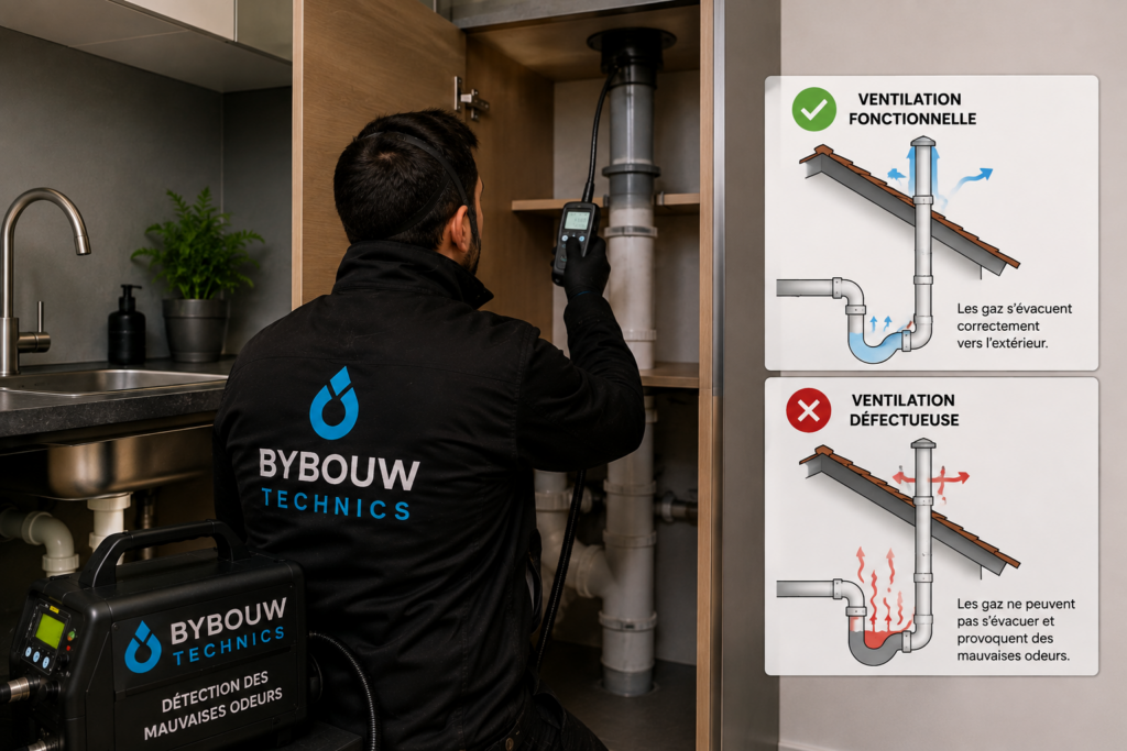 Technicien Bybouw Technics inspectant la ventilation d'une canalisation afin d'identifier l'origine de mauvaises odeurs dans une habitation.