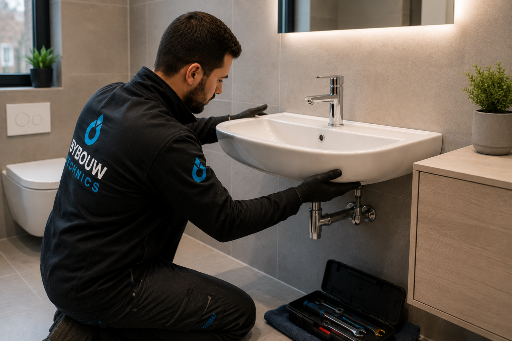 Technicien Bybouw Technics installant un lavabo mural et sa robinetterie dans une salle de bain moderne.