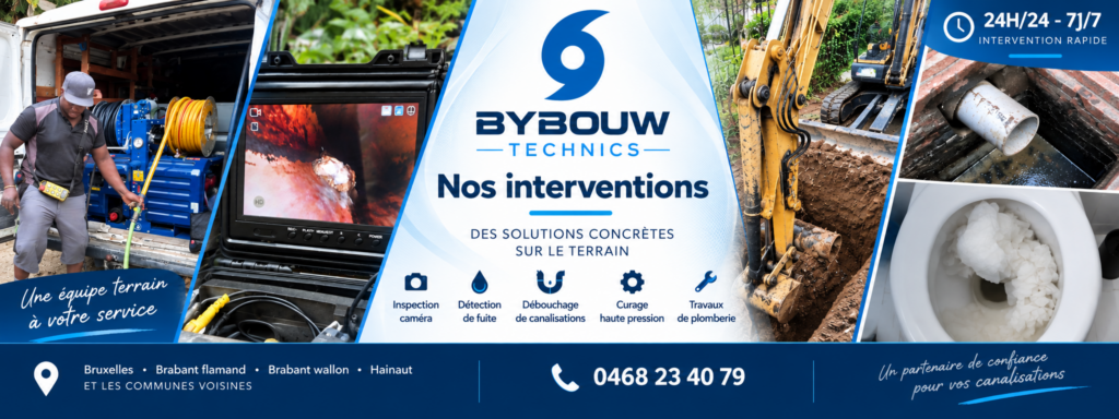 Interventions de débouchage, inspection caméra, curage haute pression et plomberie réalisées par Bybouw Technics